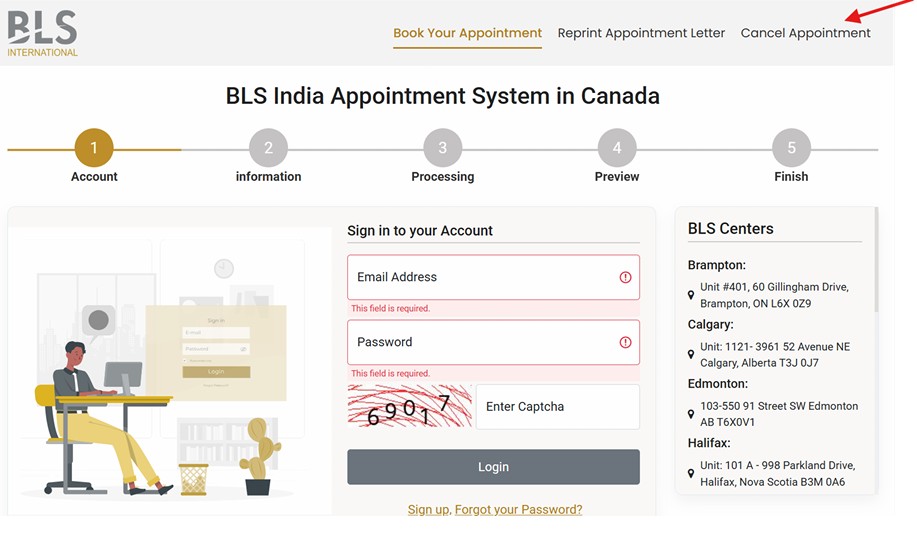 BLS website popup showing appointment booking information and instructions with click here link